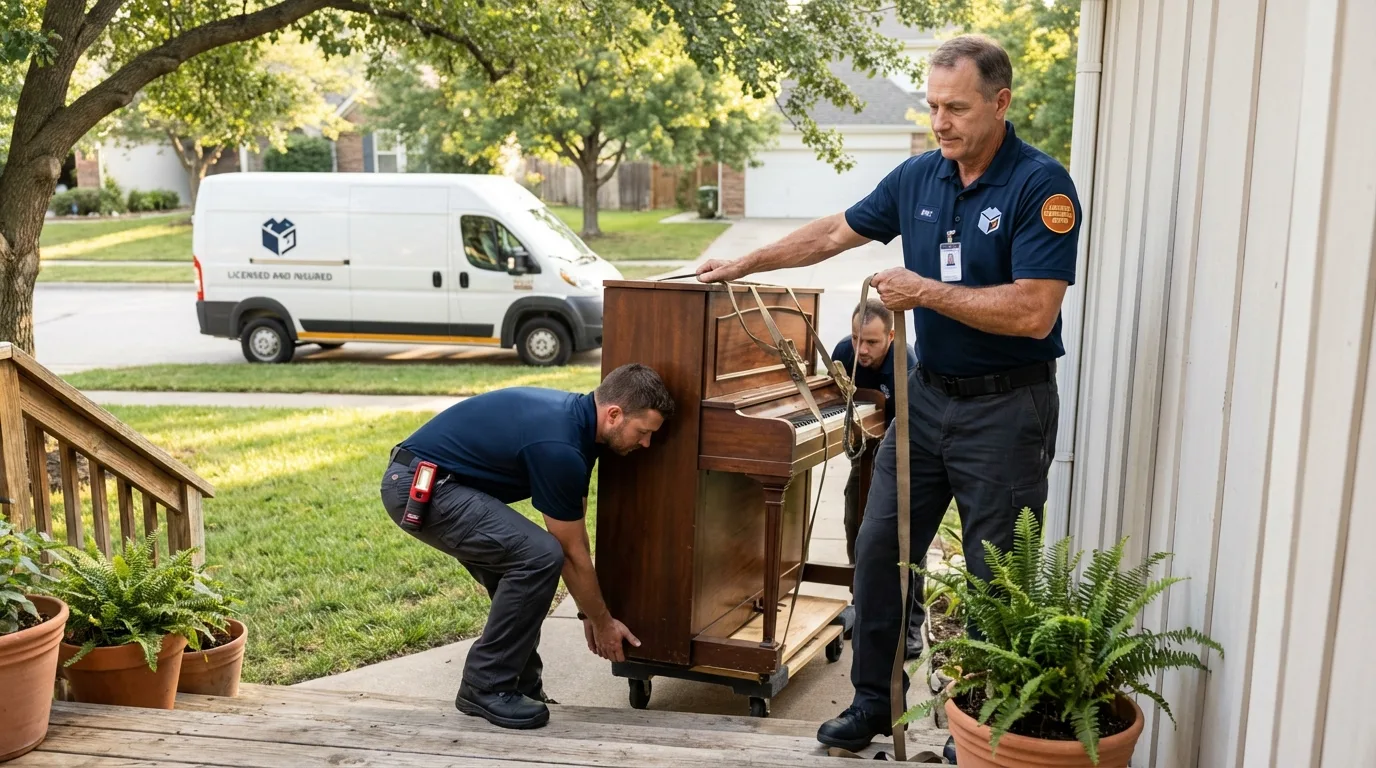 Licensed piano movers securing grand piano in Jackson, MS