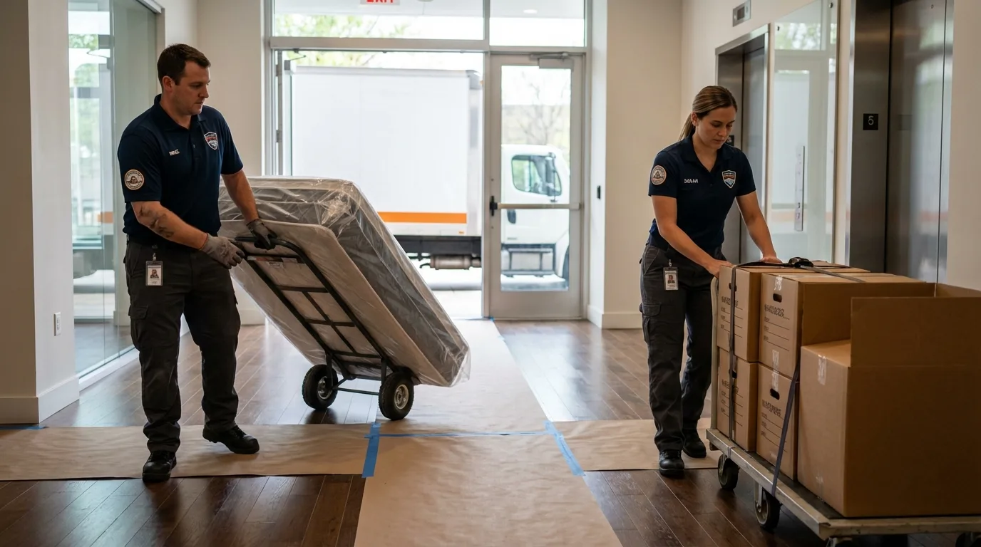 Professional apartment movers loading elevator in Jackson, MS